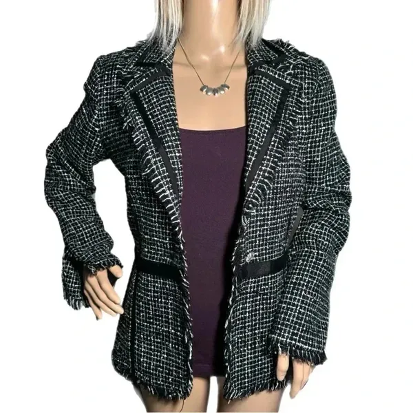 BISOU BISOU Michelle Bohbot Tweed Fringe Black Blazer Jacket Women’s Sz 6 Small - Image 5