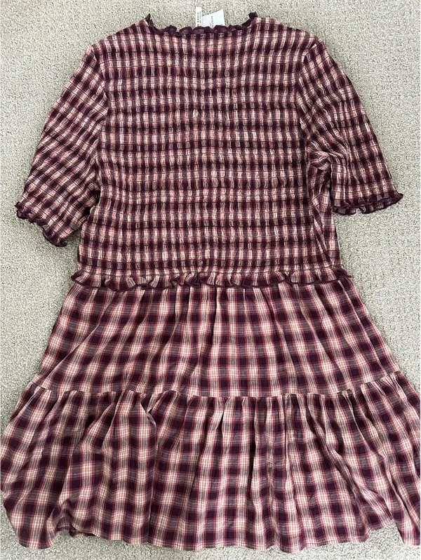 AE Puff Sleeve Tie Front Plaid Mini Dress American Eagle Pink NWT Burgundy XXL - Image 8