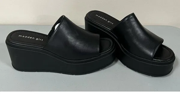 Steve Madden Black ‘Wiindy’ Leather Peep-Toe Open-Toe Chunky Platform Slides Heels Sandals Shoes Size 9 🥀 - Image 5