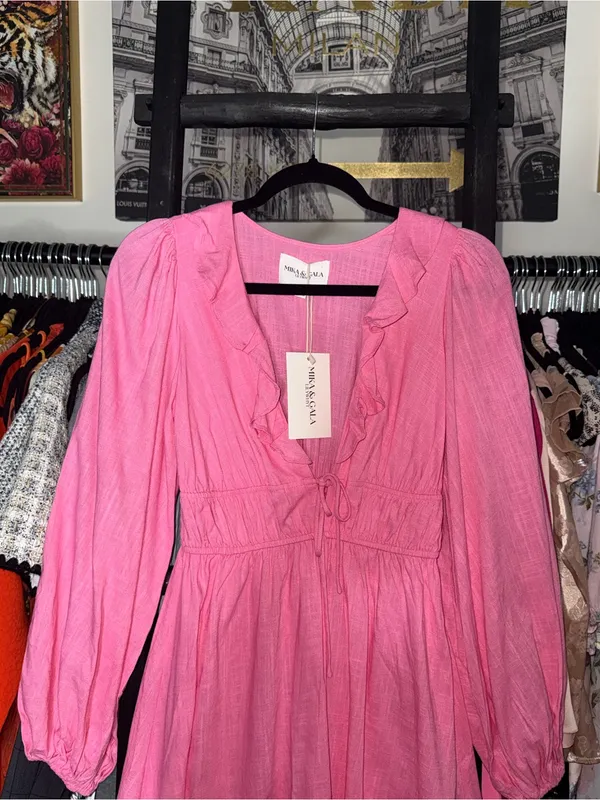 Mika & Gala Carnivale Pink Balloon Sleeve Ruffle Mini Dress Womens XS New NWT - Image 7