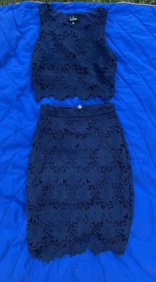 Lulus Navy Blue Floral Lace Two-Piece Set Size S - Image 2