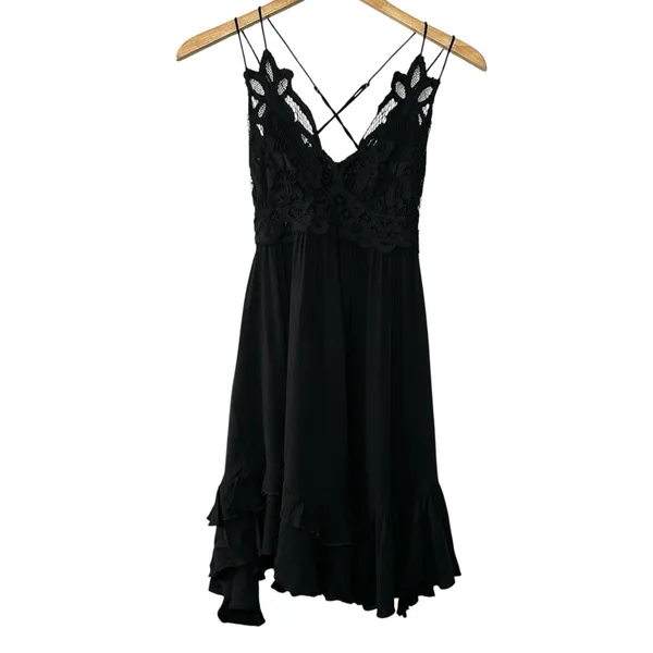 Free People One Adella Slip‎ Dress Black Lace Mini XS Boho Festival Ruffle Hem - Image 4