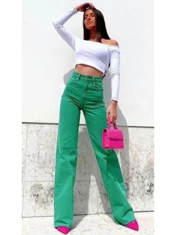 Zara Jeans Size 0 Green High‎ Rise Wide Leg Raw Hem Baggy Colored Denim Earthy - Image 2