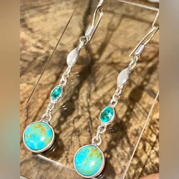 Stabilized Turquoise & Pearl Earrings 2 1/4” - Image 8