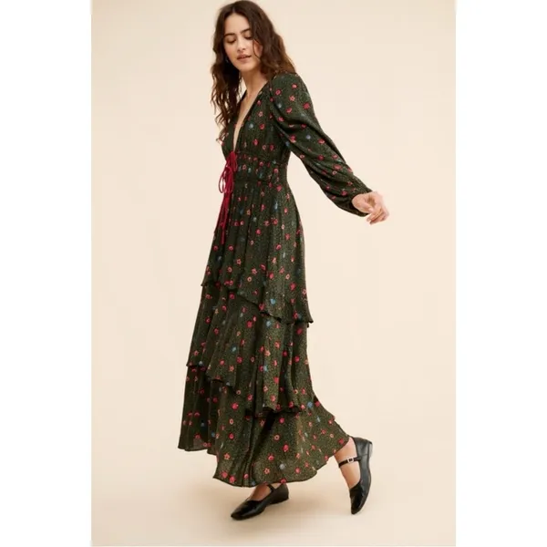 Free People Bohemian Gypsy Tiered Ruffle Maxi Dress Size Medium Witchy Plunge - Image 10