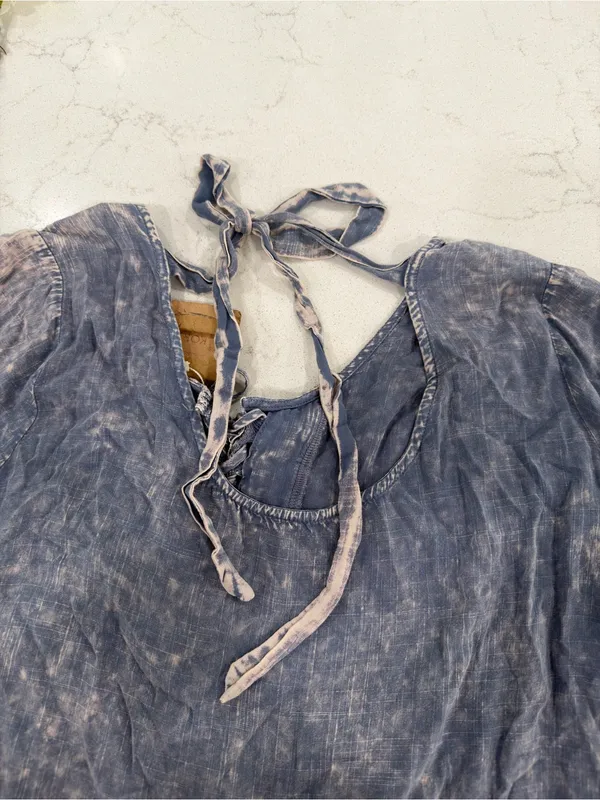 Kori Washed Denim Blue Lace-Up Bell Sleeve Mini Dress - Image 5