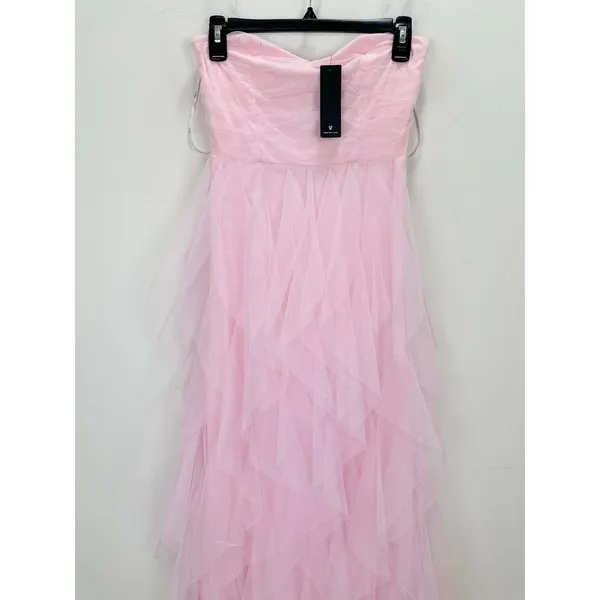 Lulus Delightful Beauty Pink Mesh Strapless Ruched Ruffled Maxi Dress Small NWT - Image 7
