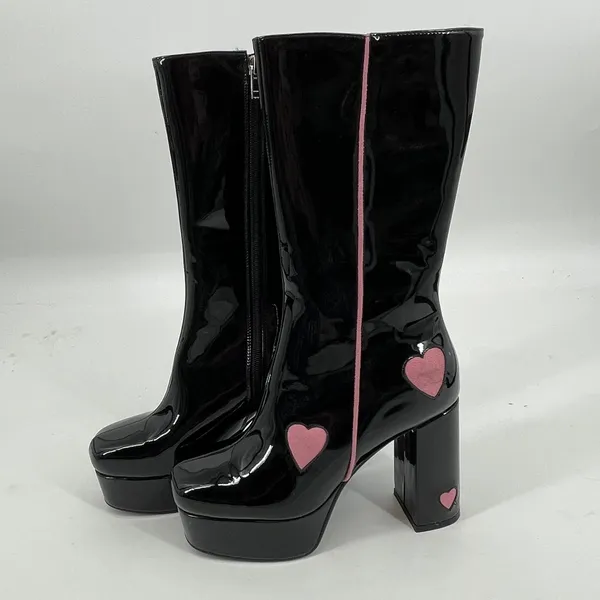 Dolls Kill La‎ Moda Platform Black Patent Leather Pink Heart Chunky Boots Sz 9 - Image 2