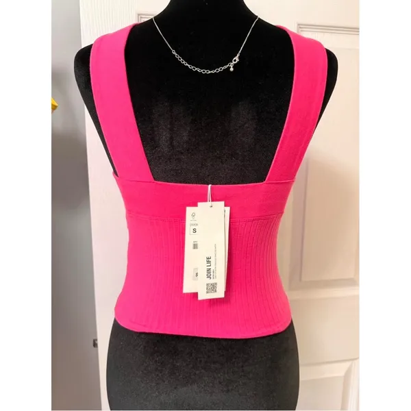 Zara Hot Pink Ribbed Halter Top Criss Cross Neck Sleeveless Knit Tank Small NEW - Image 3