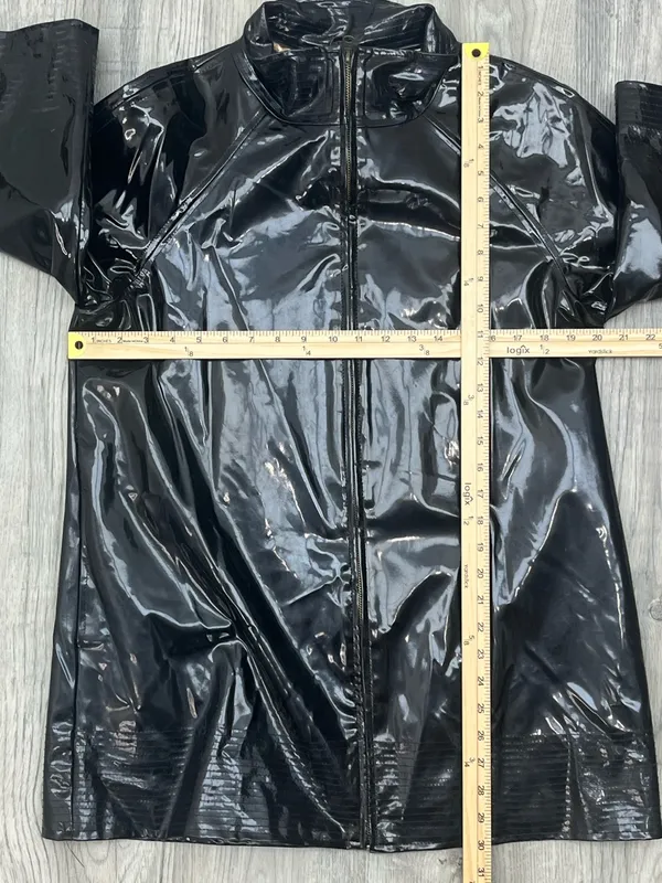 WD NY Black Patent Leather Faux Vinyl Leopard Print Lining Trench Coat Size 8 - Image 9