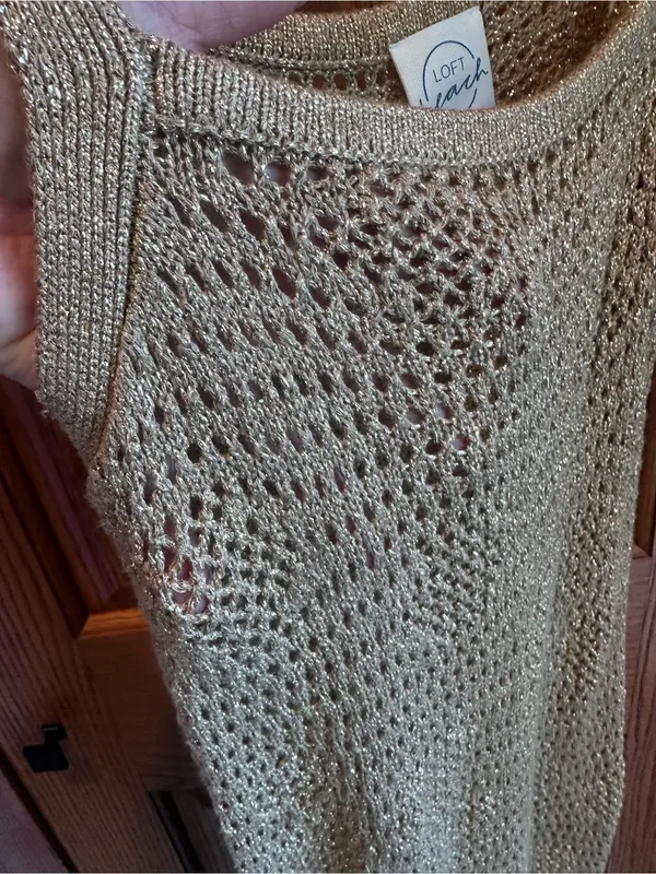 LOFT Beach Swimsuit Coverup Pointelle Sweater Maxi Gold New - Image 2