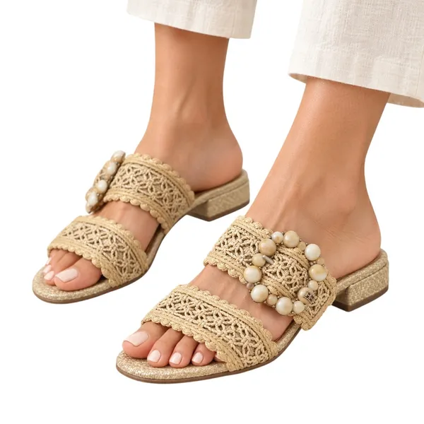 Sam Edelman Elisa Natural Raffia Slide Sandals Size 6.5 Beaded - Image 11