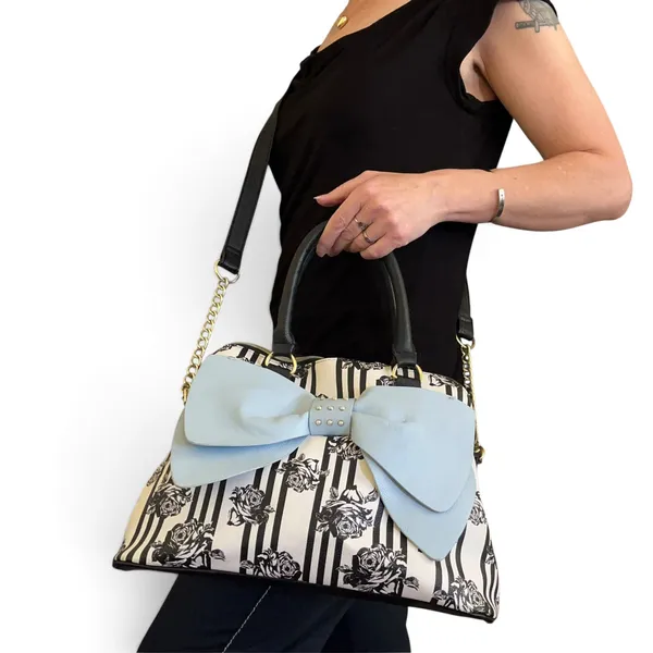 Betsey Johnson Blue Bow Faux Leather Floral Stripe Dome Satchel Bag Handbag - Image 2