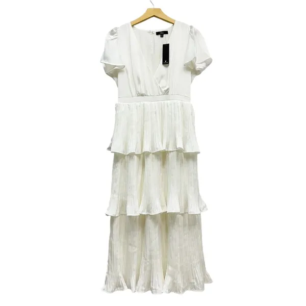 Lulus Twirl-wind Romance White Satin Tiered Midi Dress size Medium NWT - Image 4