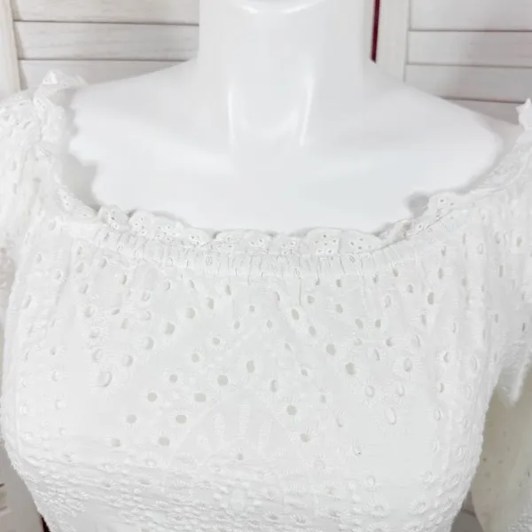 Betsey Johnson Eyelet Off The‎ Shoulder Smocked Waist Midi Dress White Large - Image 6