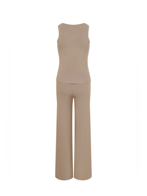 Knit 2 Piece Set Gold Button Vest Top Wide Leg Pants Chic Lounge Outfit L - Image 4