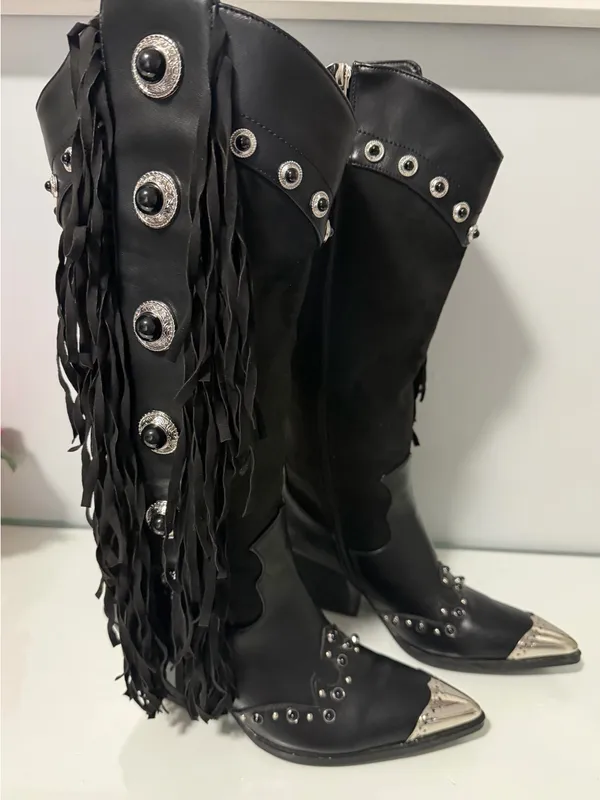Black Fringed Western Knee-High Boots with Silver Accents - Image 8