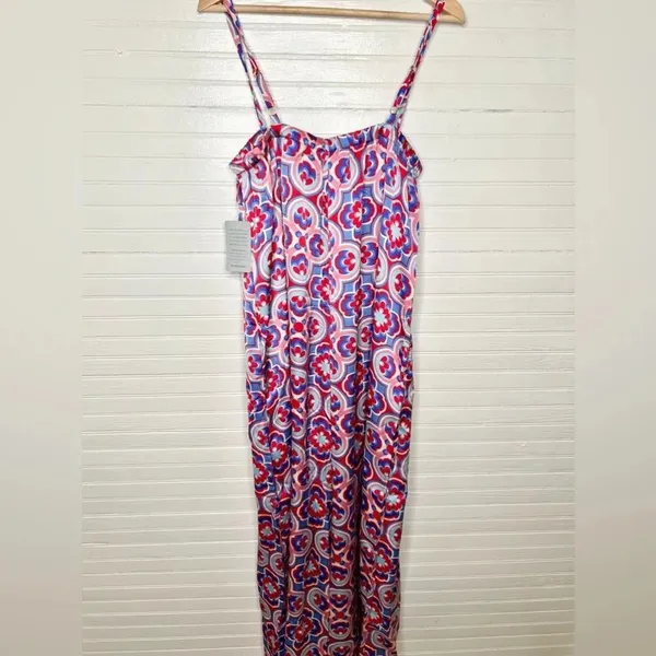 Melloday Printed Wide Leg Patterned Pocket Jumpsuit Size XL Red Blue - Image 3