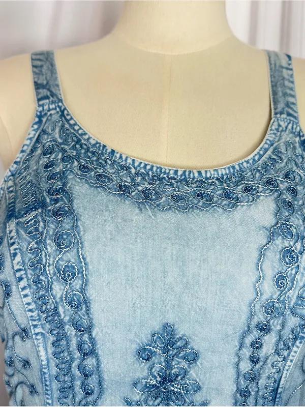 Sopogee Vintage Embroidered Chambray Dress Blue Rayon Sleeveless SizeLarge(1409) - Image 7