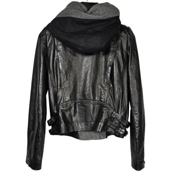 ALC Black Lamb Leather Hooded Moto‎ Jacket Paneled Wool Blend Contrast Trim 4 - Image 2