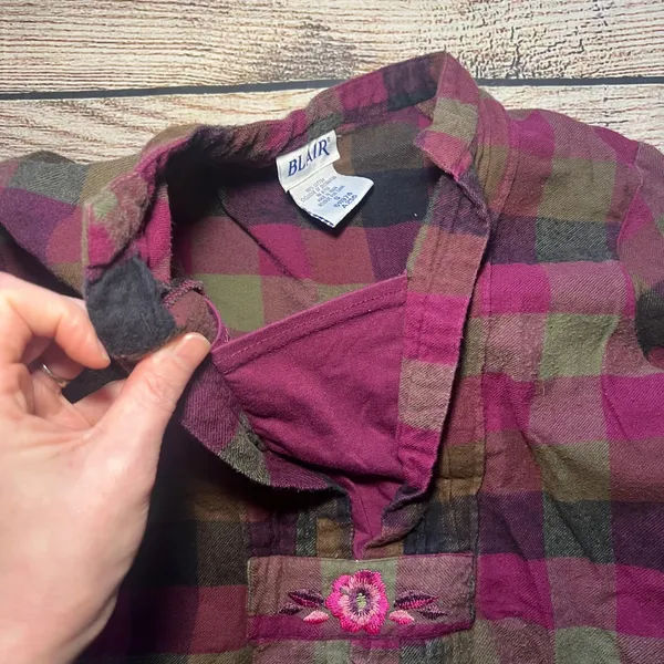 Blair Plaid Flannel Tunic Top Embroidered Pink Brown Green Womens S Fall‎ Blouse - Image 8