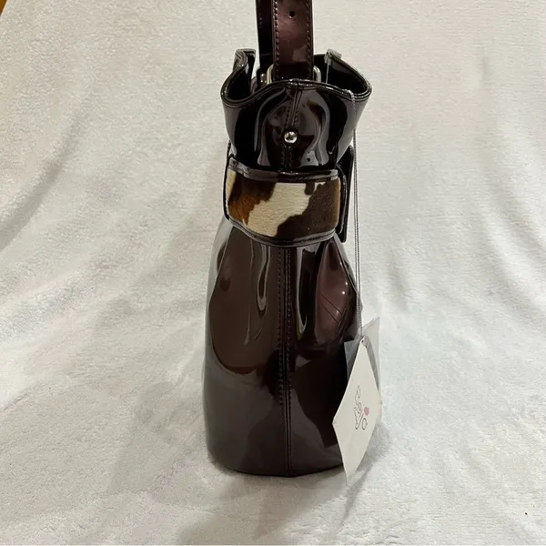 Beijo Copper Brown Faux Leather Bag with Cow Hair Belt Detail NWT - Image 7