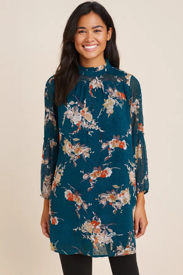 Japna Floral Boho Semi Sheer Mock Neck Bell Sleeve Peasant Dress Size Medium - Image 10