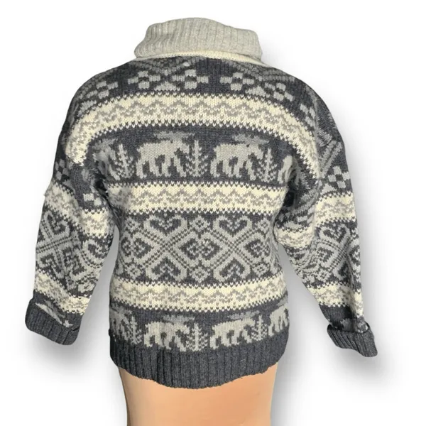 Vintage 90s Eddie Bauer Gray Black Moose‎ Nordic Fair Isle Turtleneck Sweater - Image 4