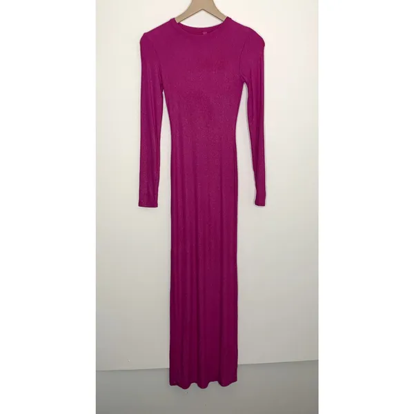 Skims Long Sleeve Dress Luxe Limited Edition Fuchsia Shimmer Foil Womens Medium - Image 3