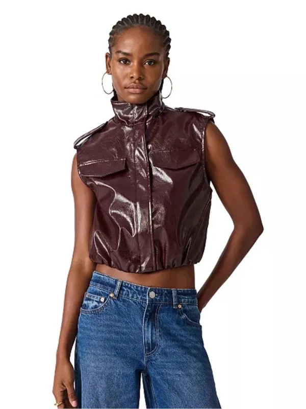 Steve Madden Glossy Burgundy Faux Leather Zip-Up Vest - Image 2