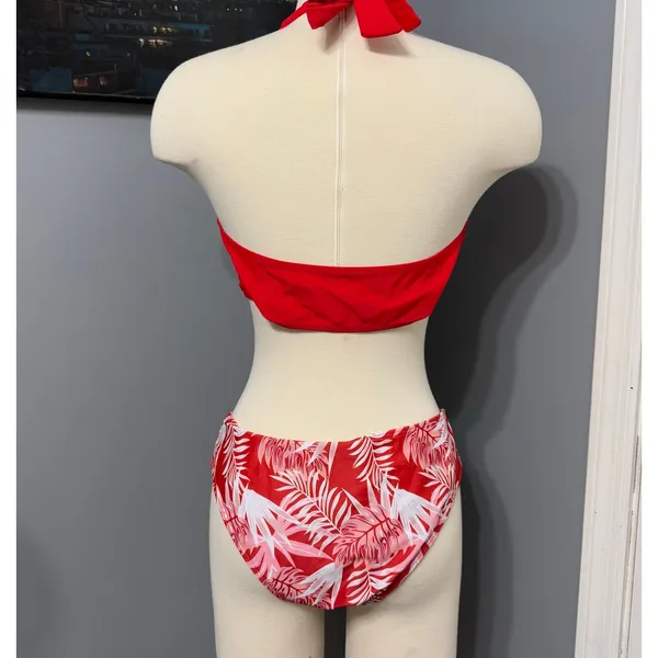NWOT Women’s Random Tropical Print Red Lace Halter Neck Tie Back Bikini, XL - Image 2