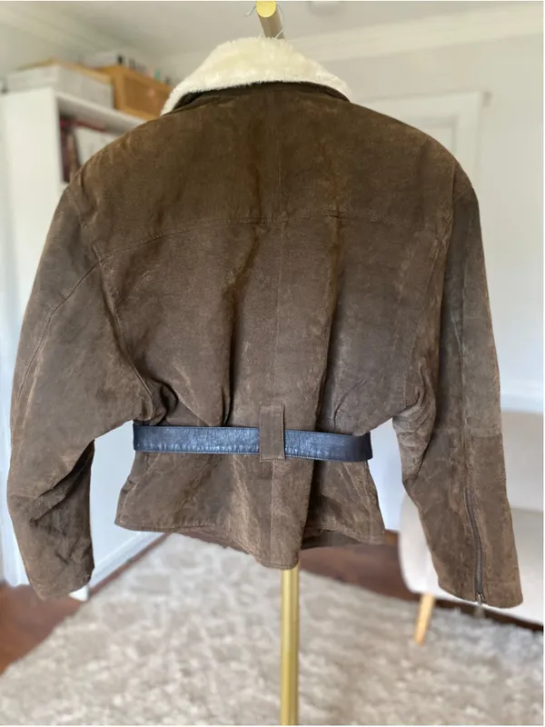 OutBrook M Brown Genuine Leather Shearling Collar Belted Aviator Moto Jacket Y2K - Image 3