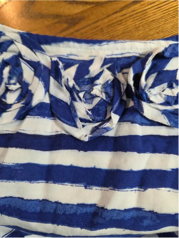 LOFT Women’s S Blue & White Striped Spaghetti Strap Sundress Floral Front Gather - Image 3