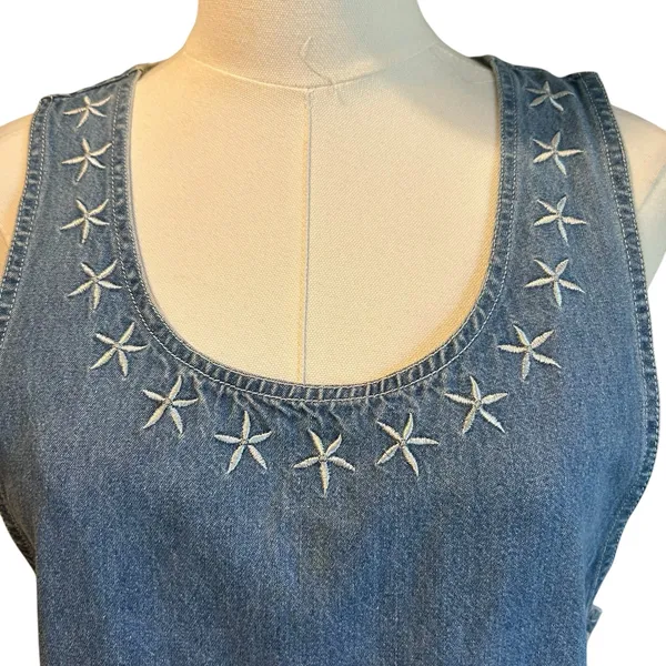 Denim Midi Dress VTG Embroidery Front Pockets Boho Western SZ M Carolina Bay - Image 2