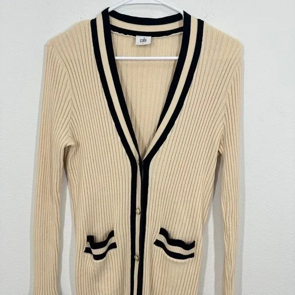 Cabi Size Small Cardigan Cream Navy Ribbed Knit Academia‎ Career Preppy Coastal - Image 3