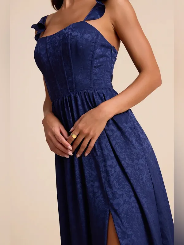 Lulu's Arlaith Navy Jacquard Lace-Up Corset Maxi Dress NWT XL - Image 2
