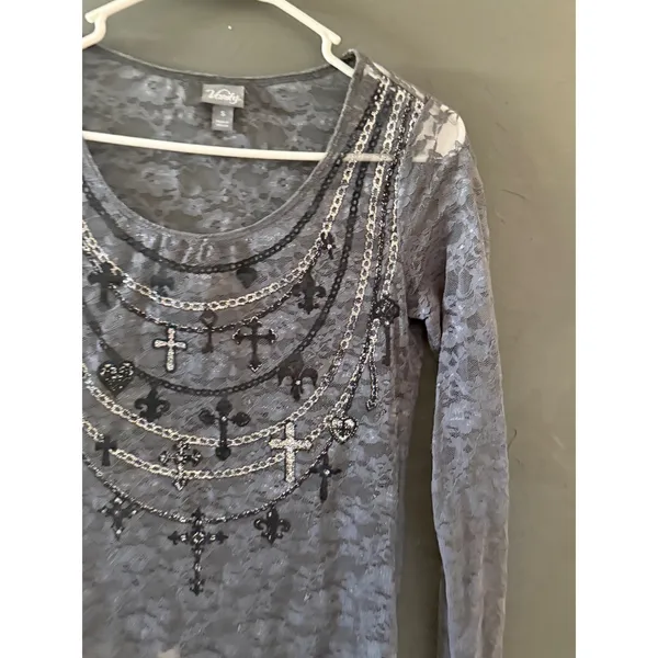 Vanity Y2k Womens Grey Lace Long Sleeve Mesh Cross‎ Chain Print Top Sm Grunge - Image 2