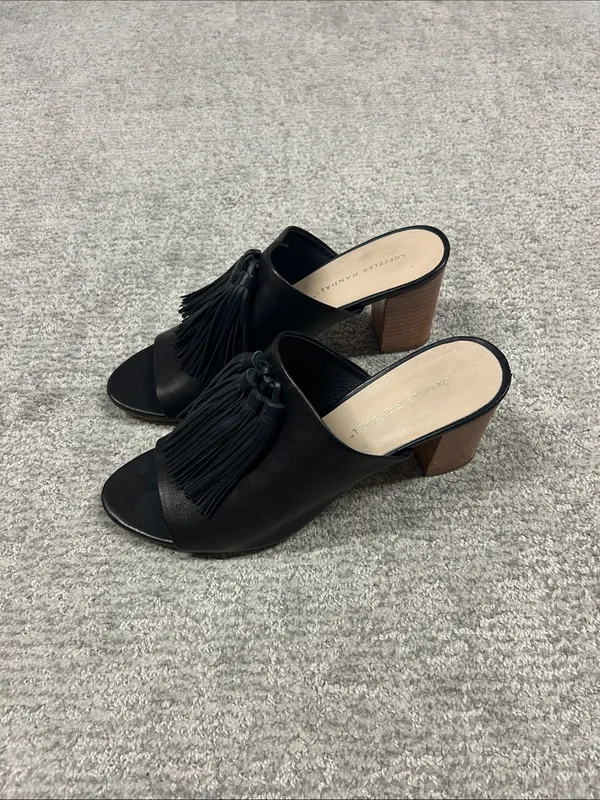 Loeffler Randall Clo Tassel Mules Womens 8.5 Black Leather stacked heels - Image 4