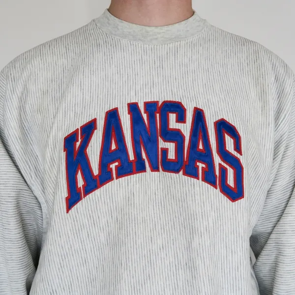 Vintage 90s KU Jayhawks Kansas Gray Pinstripe Sweatshirt - Image 4