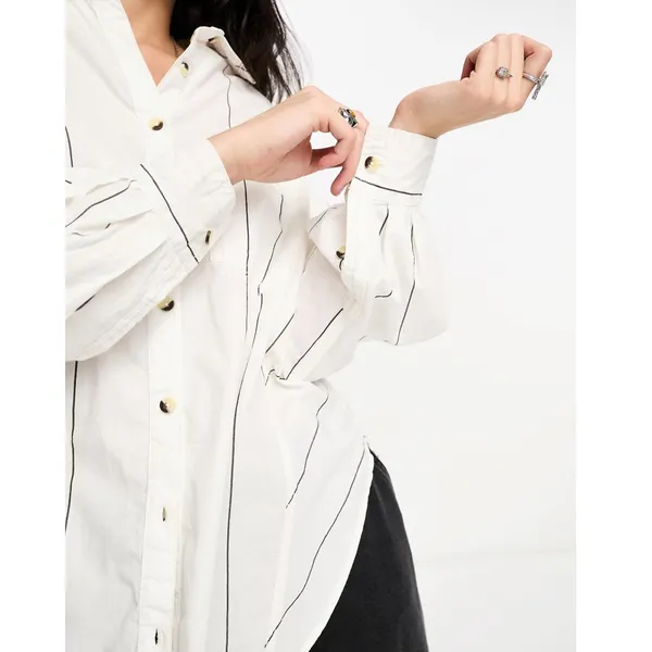 Free People Oversized Happy Hour Stripe Button Down Top White Black Small Preppy - Image 16