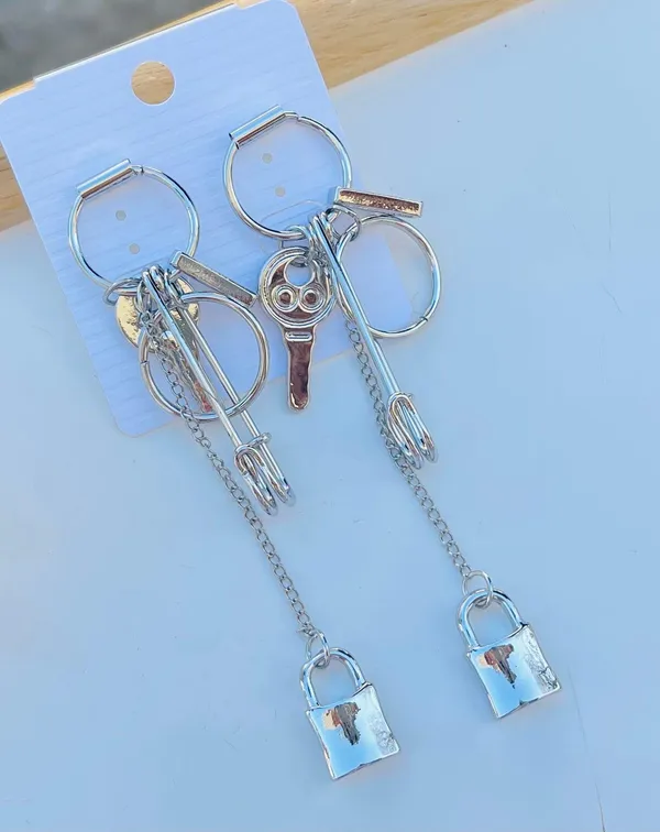Silver Tone Key Lock Safety Pin Earrings - Image 3