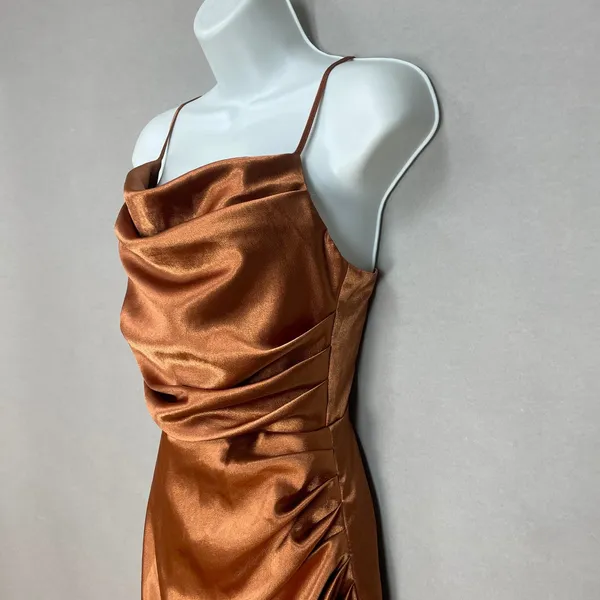 Birdy Grey Bridesmaid Dress Lydia Rust Satin Cowl High Slit Size XS Summer Fall - Image 15