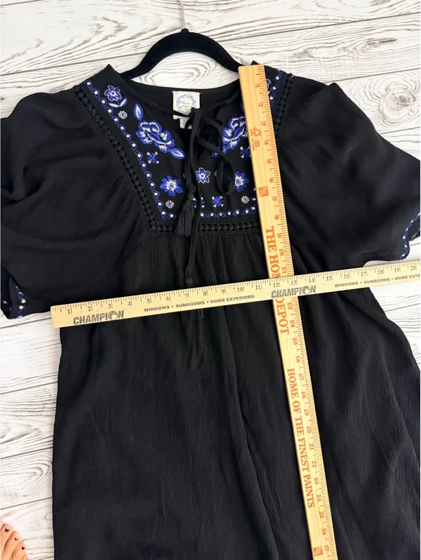 Blue Rain Women’s XXS Black Embroidered Floral Boho Mini Dress Bell Sleeve - Image 8