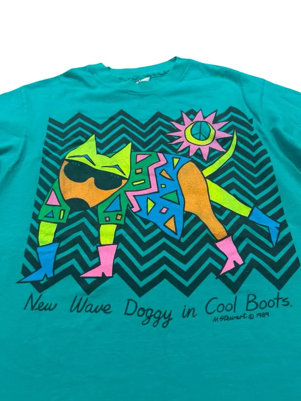 Hanes Teal Graphic Dog Print Vintage 1989 Tee Shirt M. Stewart Large Women's - Image 2