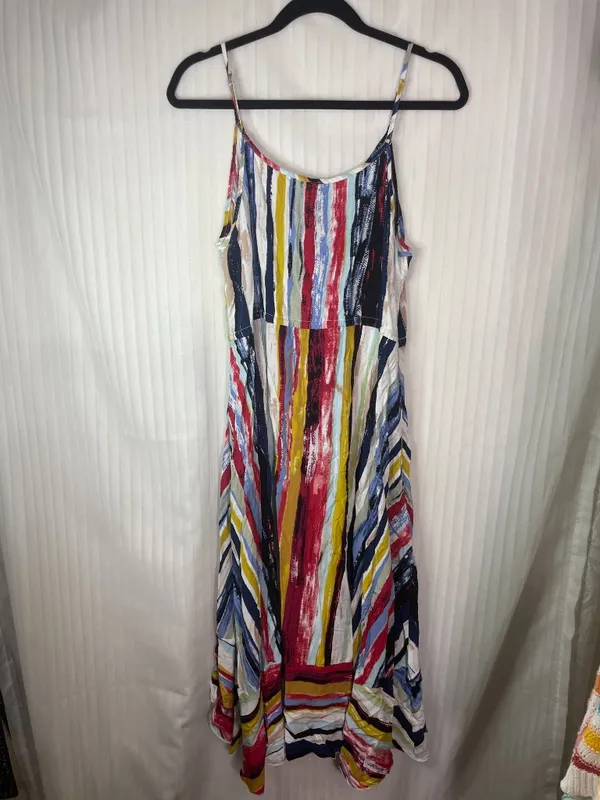 M CAVE Women's Medium Colorful Stripe Midi Dress Sleeveless Button Front Tie - Image 6