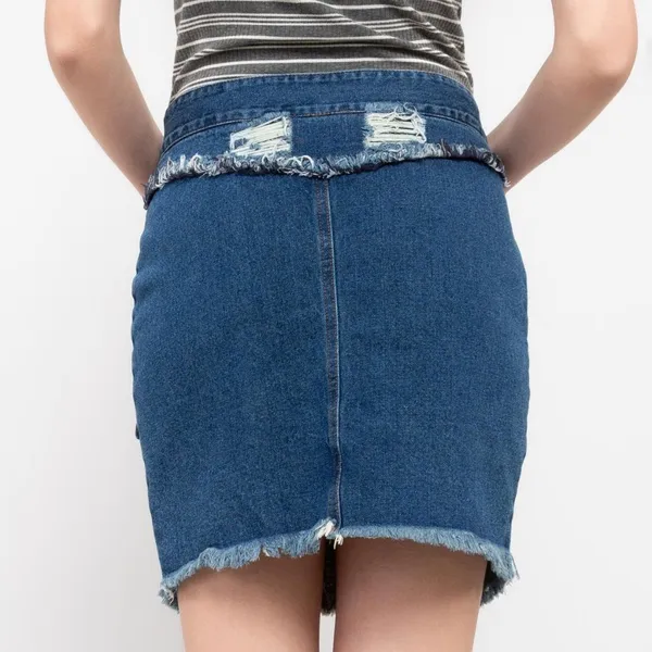 POL L Women Distressed Blue Jean Front Patchwork Pockets Button Zip Denim Skirt - Image 2