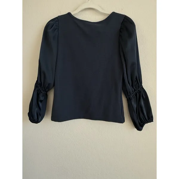 Anthropologie Maeve Blue‎ Ribbed Satin Tiered Balloon Sleeve Cropped Top Size S - Image 11