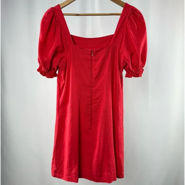 Draper James RSVP Squareneck‎ Puff Sleeve Linen Blend Dress in Red Size Small - Image 3