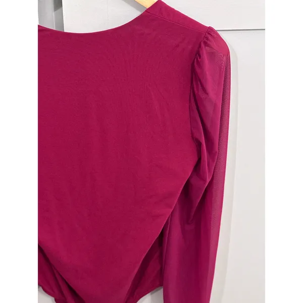 PinkmStyle Wine Red Mesh Long Sleeve Square Neck Bodysuit Size L - Image 4