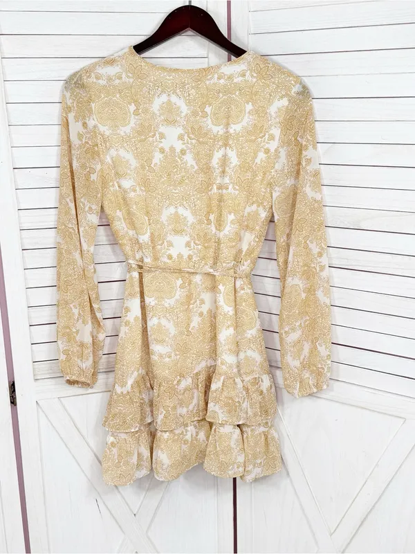 Jun‎ & Ivy by Francesca's Floral Boho Ruffle Wrap Mini Dress Yellow Cream Small - Image 9